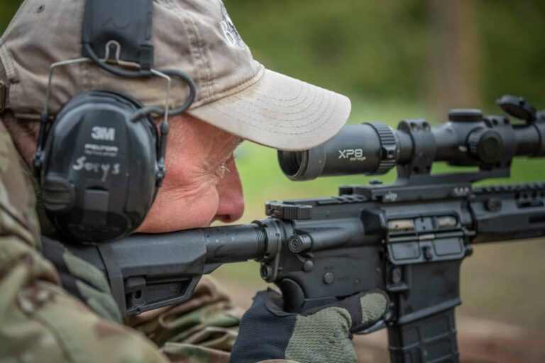 Law enforcement student conducting LPVO training on a patrol rifle during instructor-level precision engagement course.