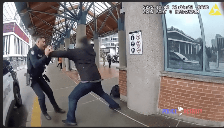Body camera image of officers attempting de-escalation before suspect suddenly attacks with knife during police encounter.