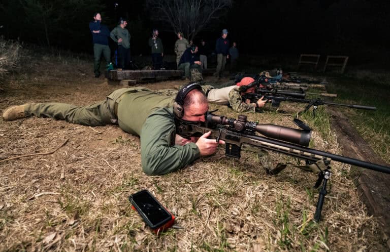 Student practicing low-light shooting during advanced sniper certification training.